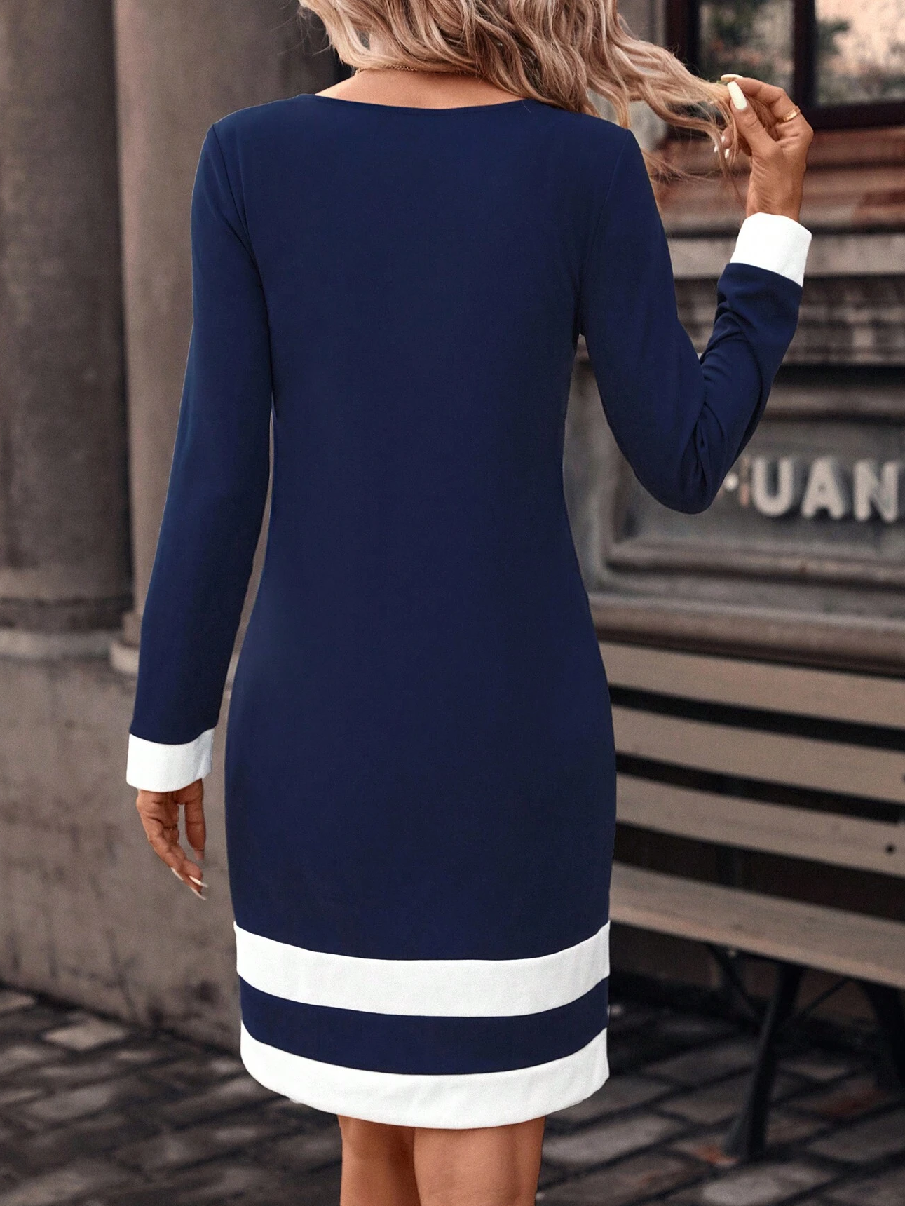 Women Contrast Stitching Crew Neck Long Sleeve Comfy Casual Midi Dress