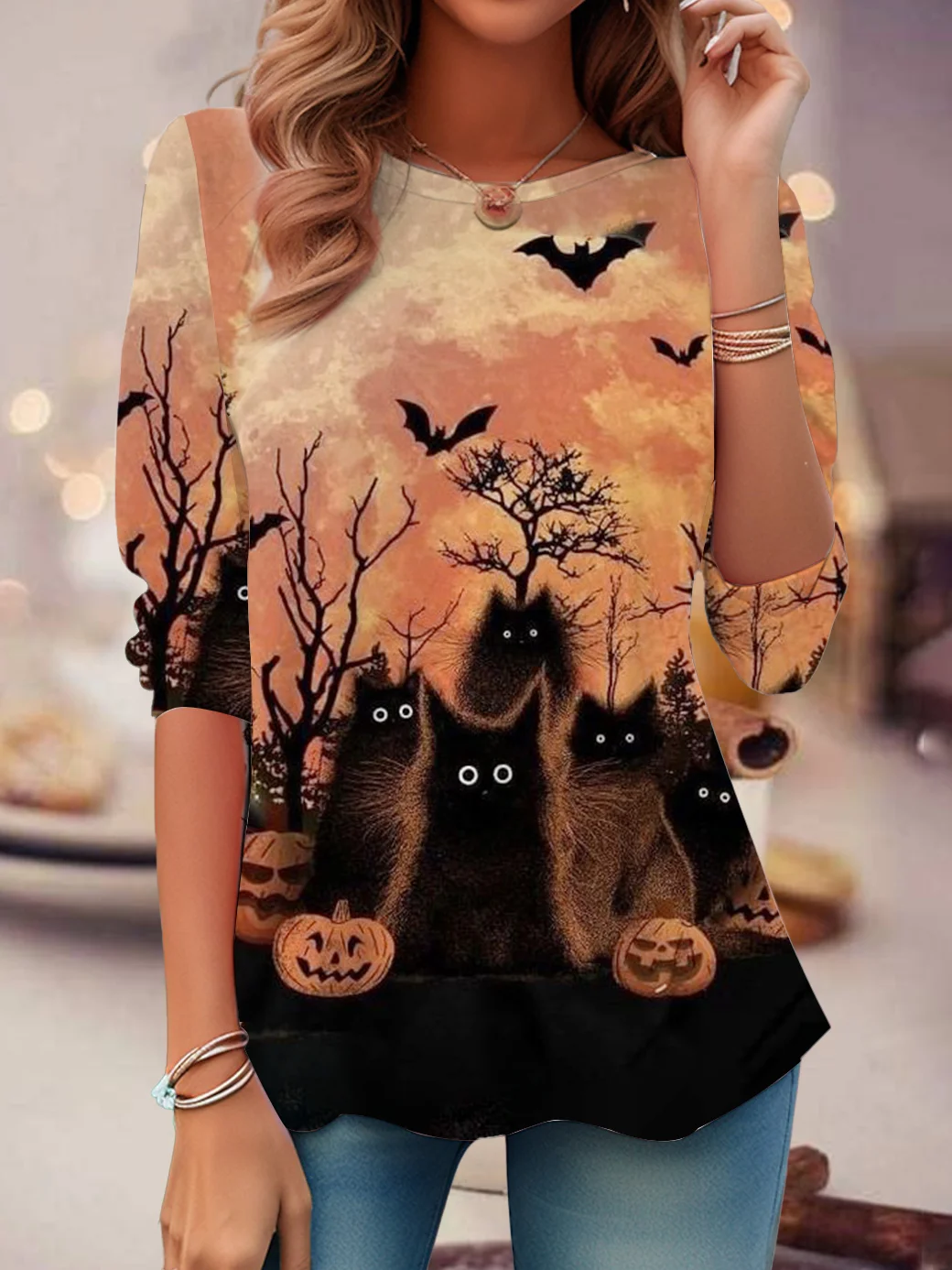 Halloween Vintage Cat Crew Neck Long Sleeve T-shirt