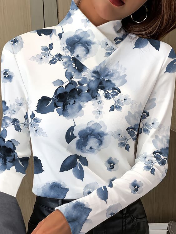 Long Sleeve Floral Printing Regular Micro-Elasticity Regular Fit Blouse For Women