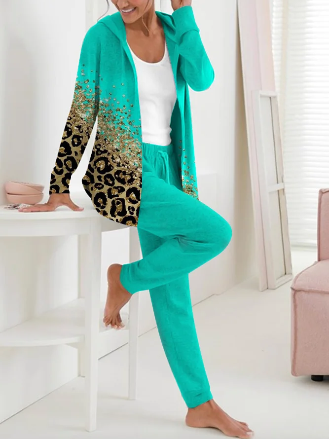 Women Leopard Hoodie Long Sleeve Comfy Casual Coat With Pants Two-Piece Set