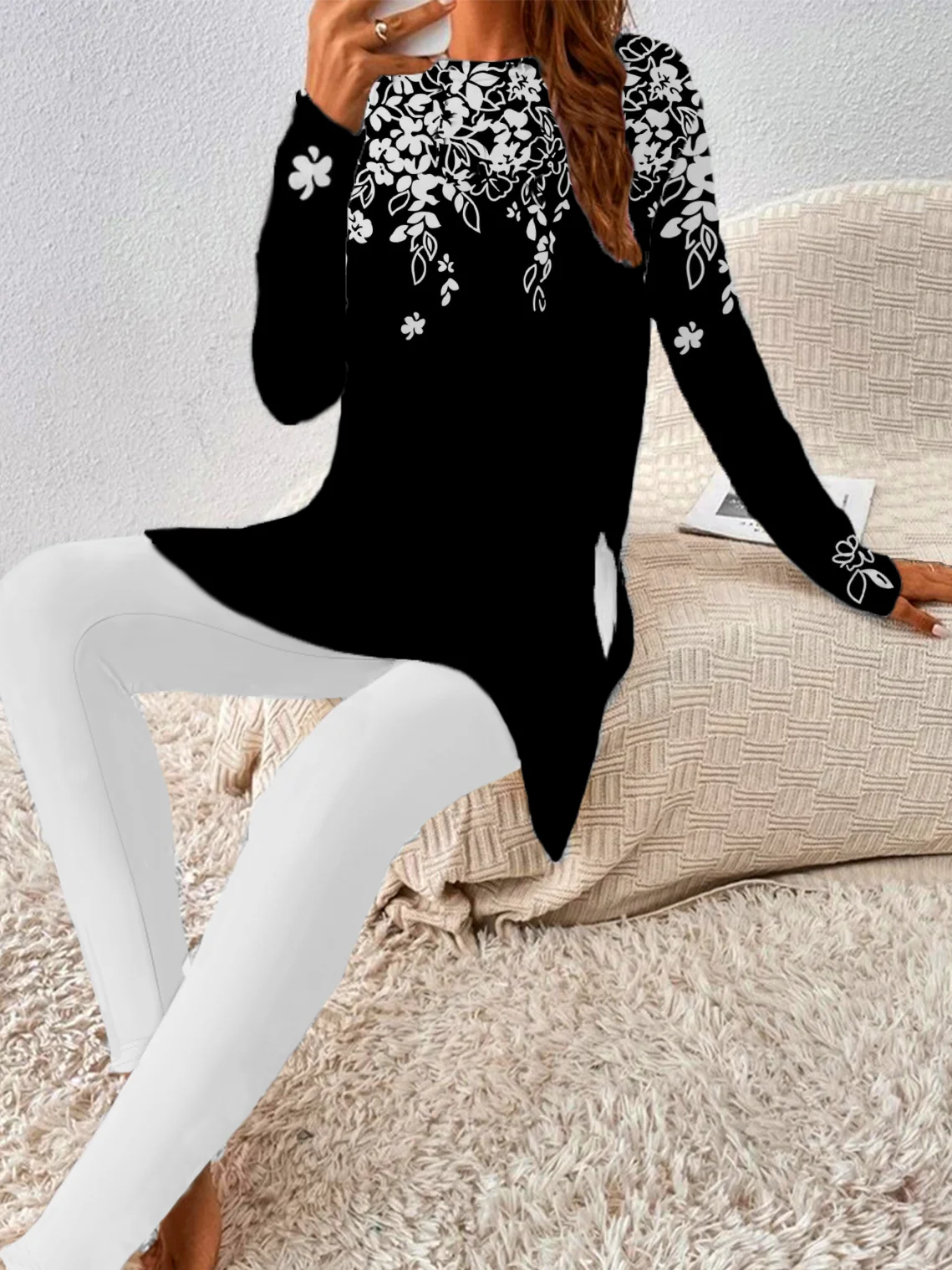 Women Floral Crew Neck Long Sleeve Comfy Casual Top With Pants Two-Piece Set