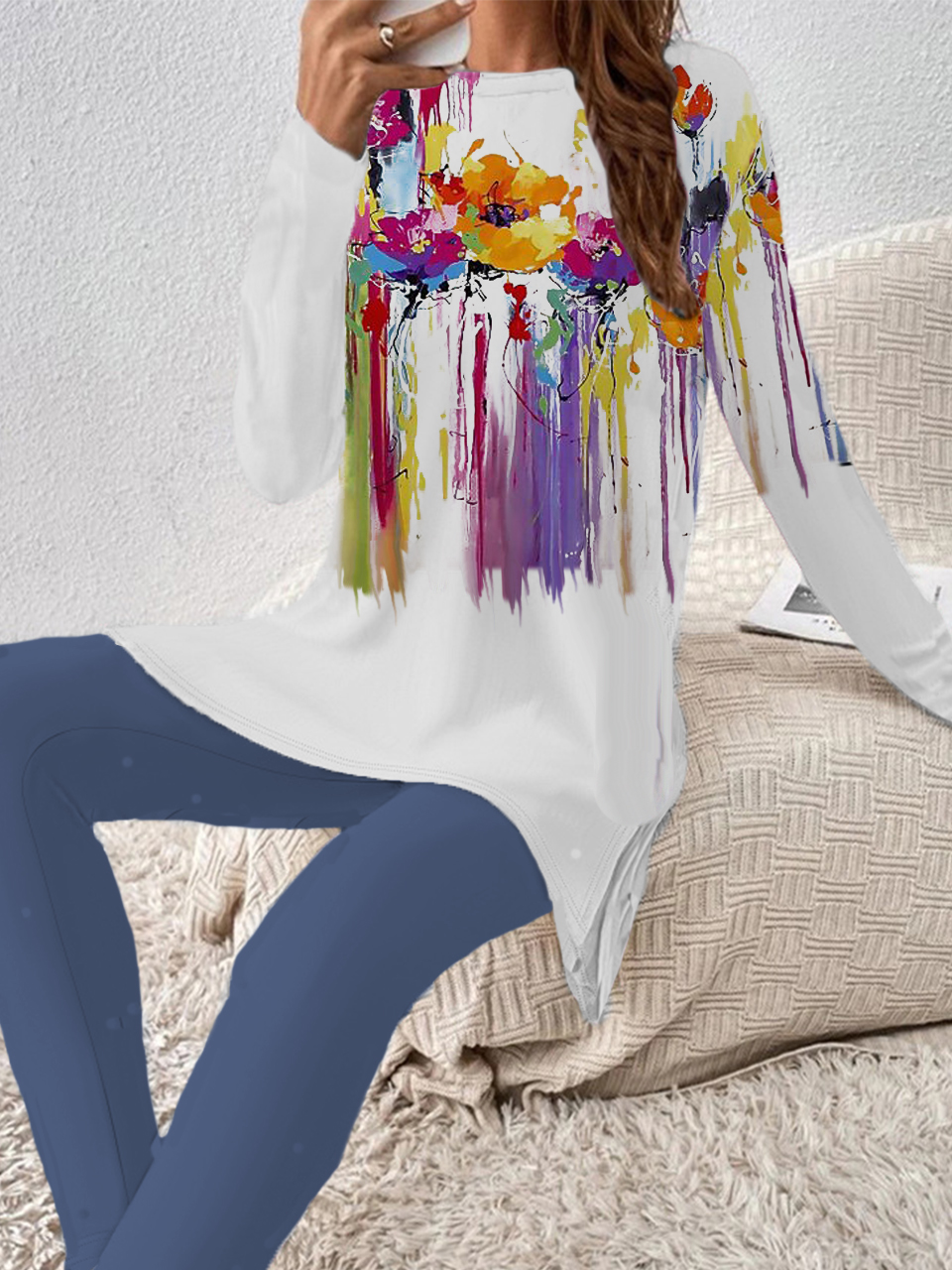 Women Floral Crew Neck Long Sleeve Comfy Casual Top With Pants Two-Piece Set