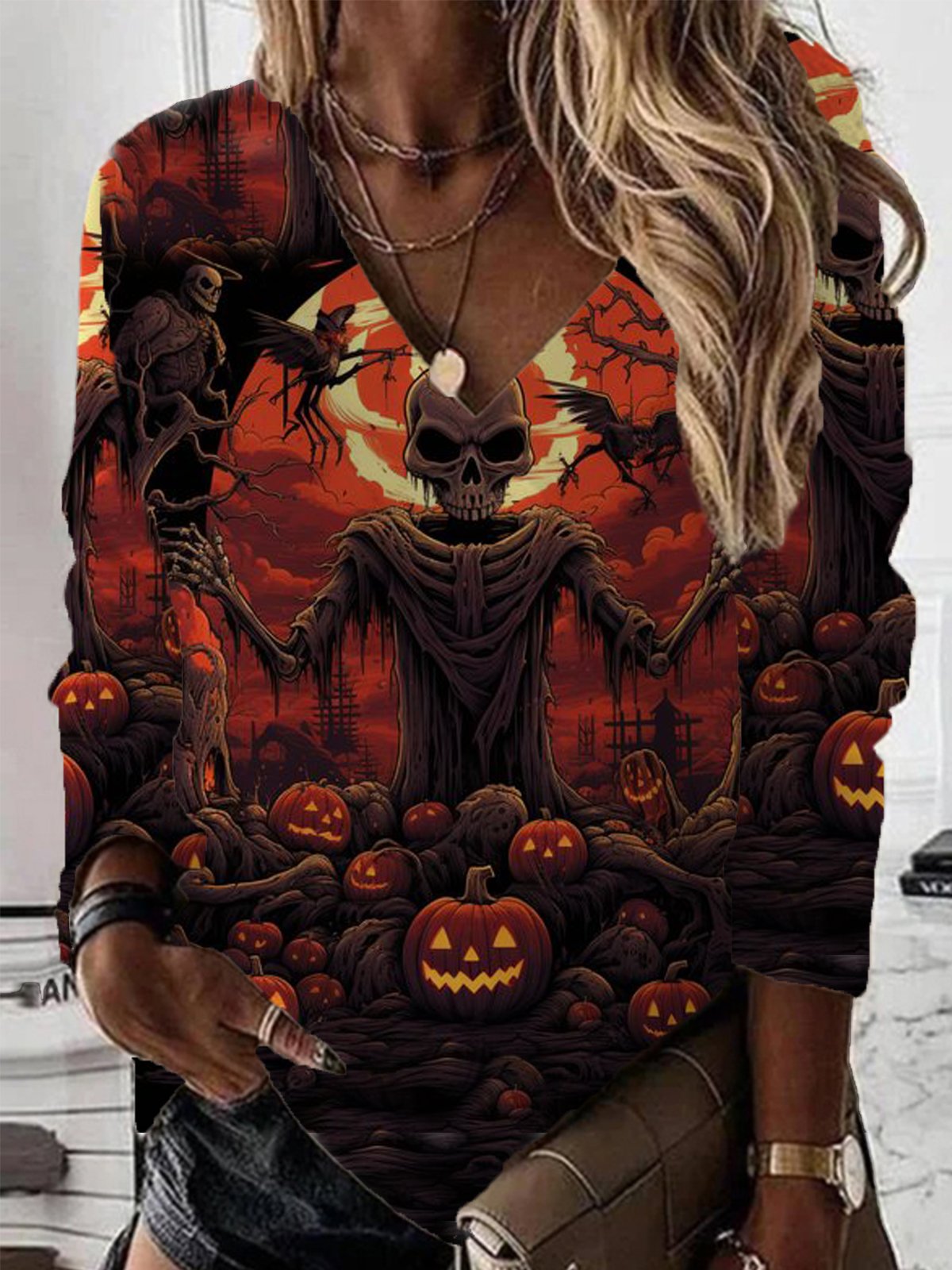 Casual V Neck Halloween Sweatshirt Printing