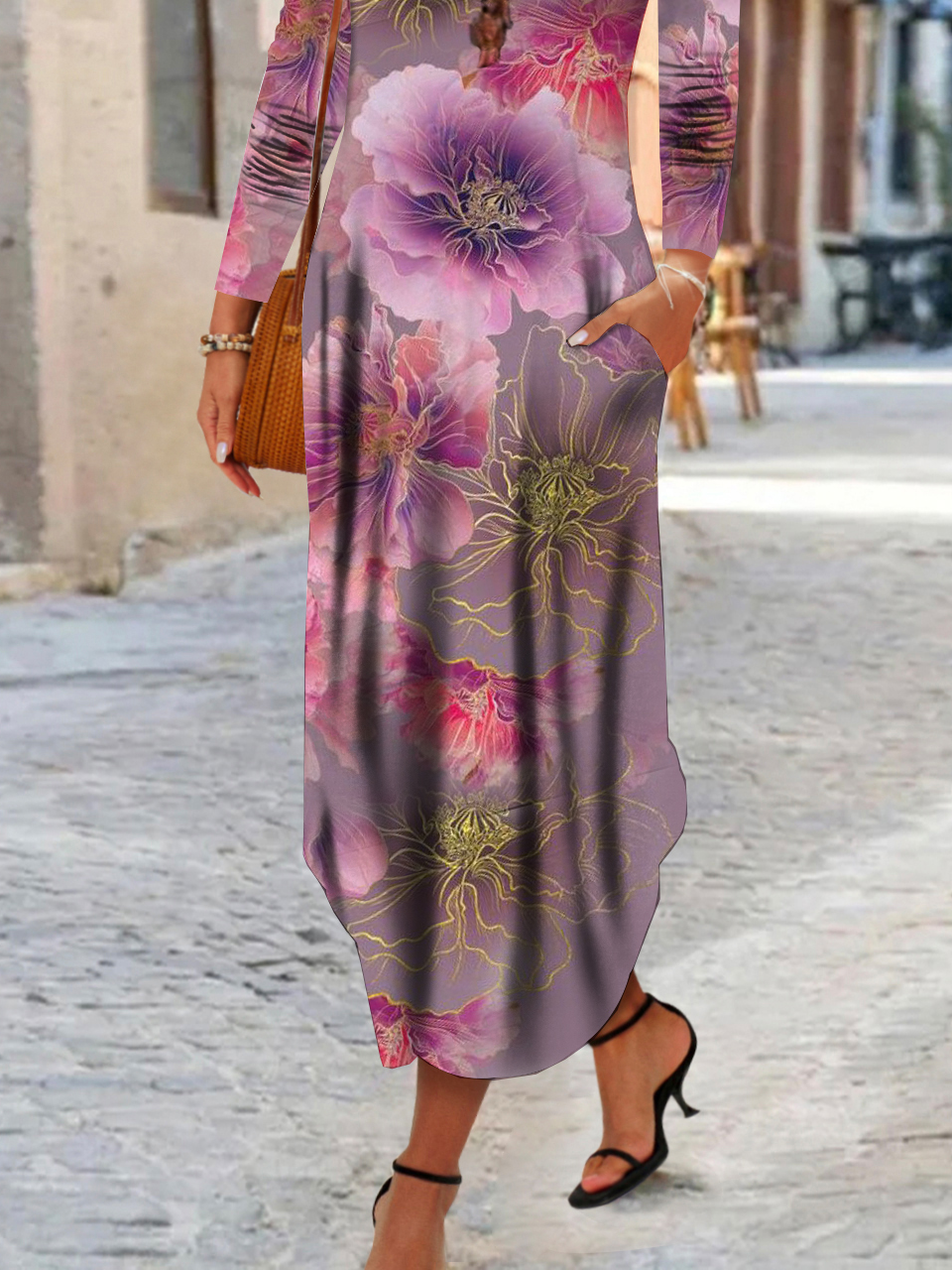 Women Floral Crew Neck Long Sleeve Comfy Casual Maxi Dress