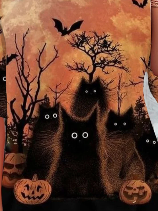 Halloween Vintage Cat Crew Neck Long Sleeve T-shirt