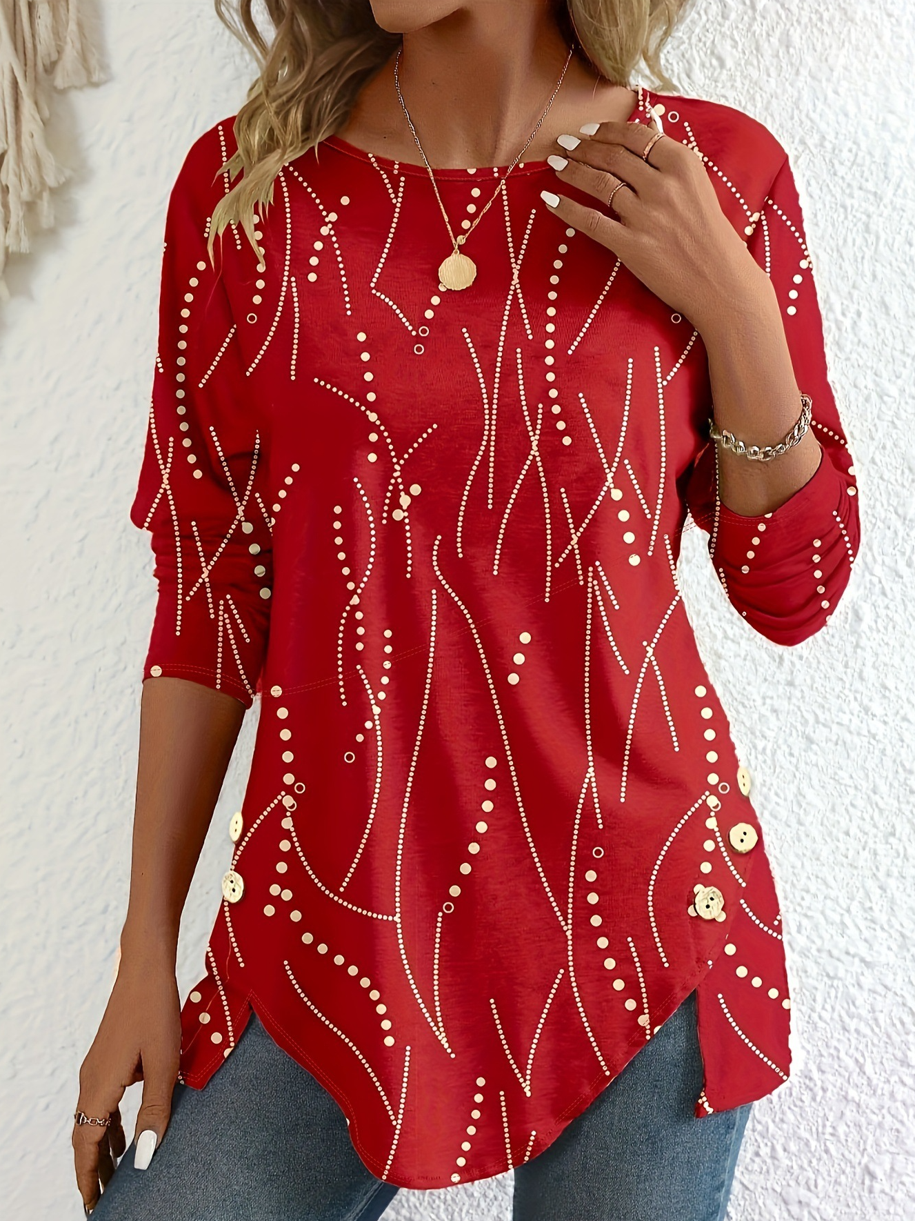 Crew Neck Long Sleeve Abstract Lace Regular Loose Blouse For Women