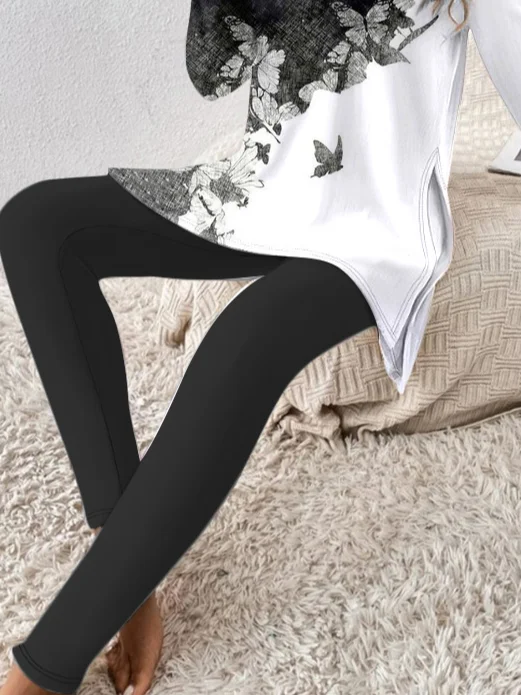 Women Butterfly Crew Neck Long Sleeve Comfy Casual Top With Pants Two-Piece Set