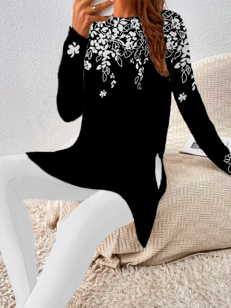 Women Floral Crew Neck Long Sleeve Comfy Casual Top With Pants Two-Piece Set