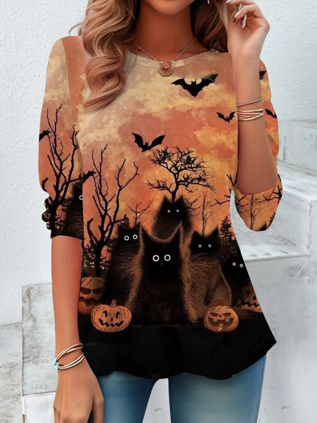 Halloween Vintage Cat Crew Neck Long Sleeve T-shirt