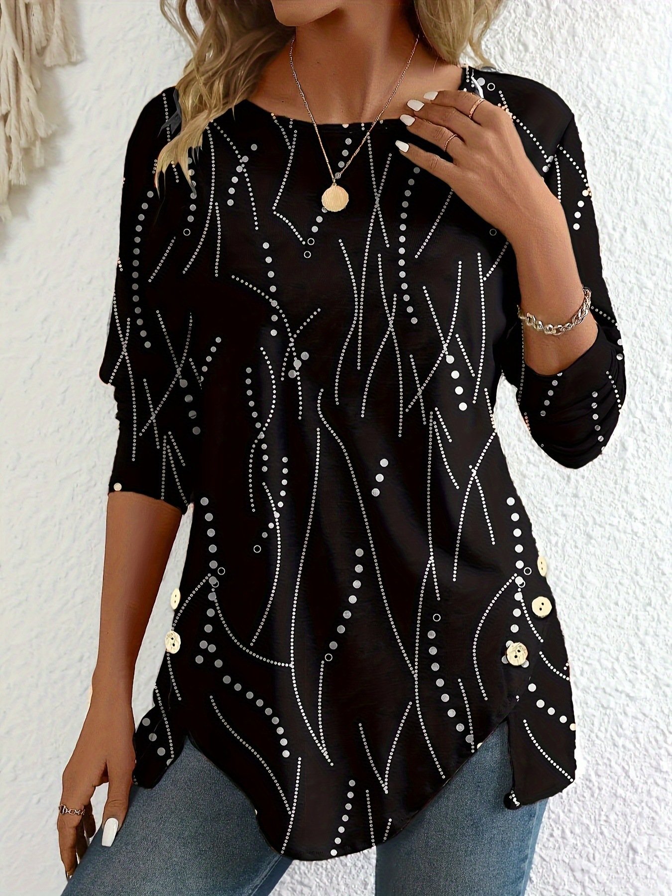 Crew Neck Long Sleeve Abstract Lace Regular Loose Blouse For Women