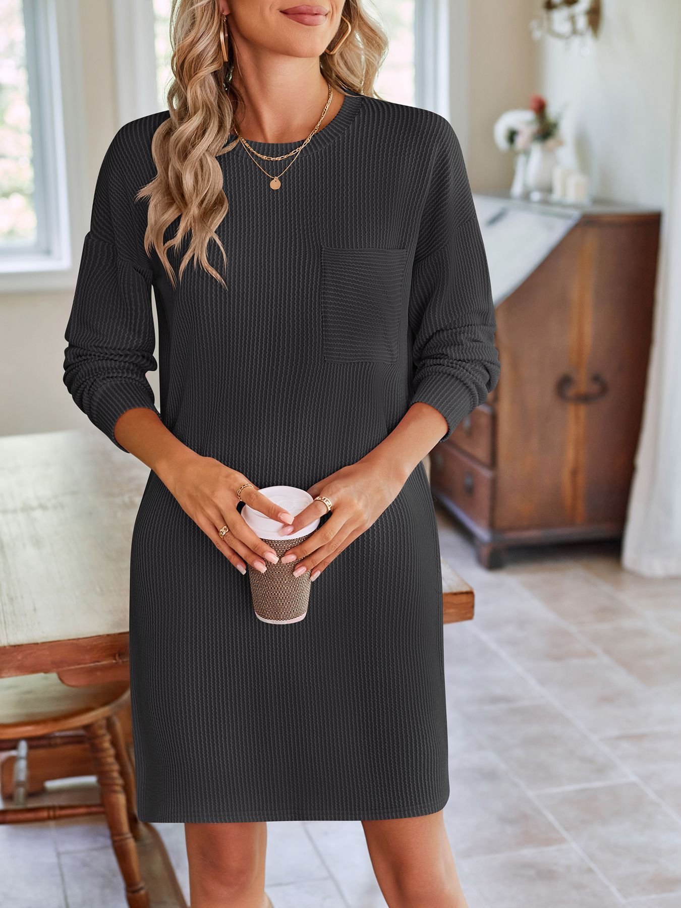 Women Plain Crew Neck Long Sleeve Comfy Casual Knee Length Dress