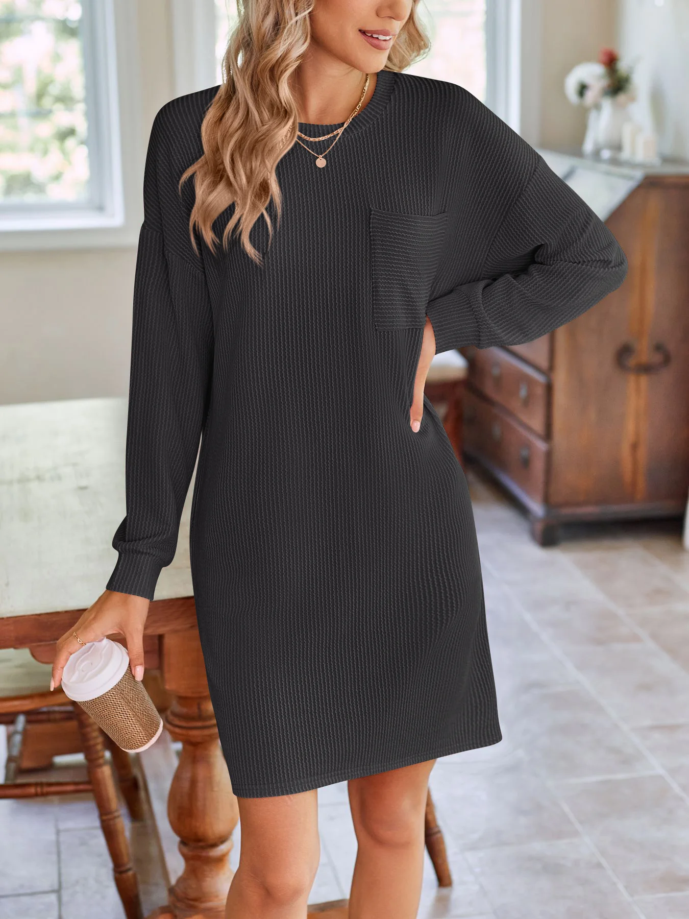 Women Plain Crew Neck Long Sleeve Comfy Casual Knee Length Dress