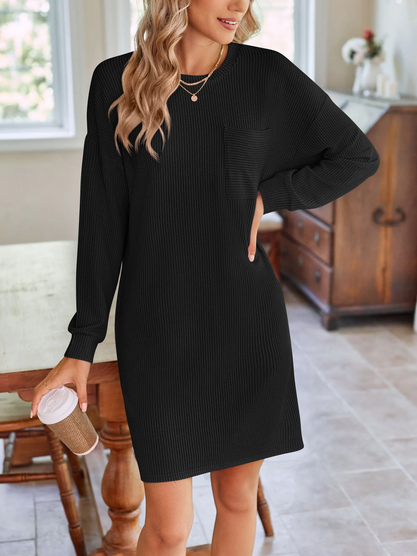 Women Plain Crew Neck Long Sleeve Comfy Casual Knee Length Dress