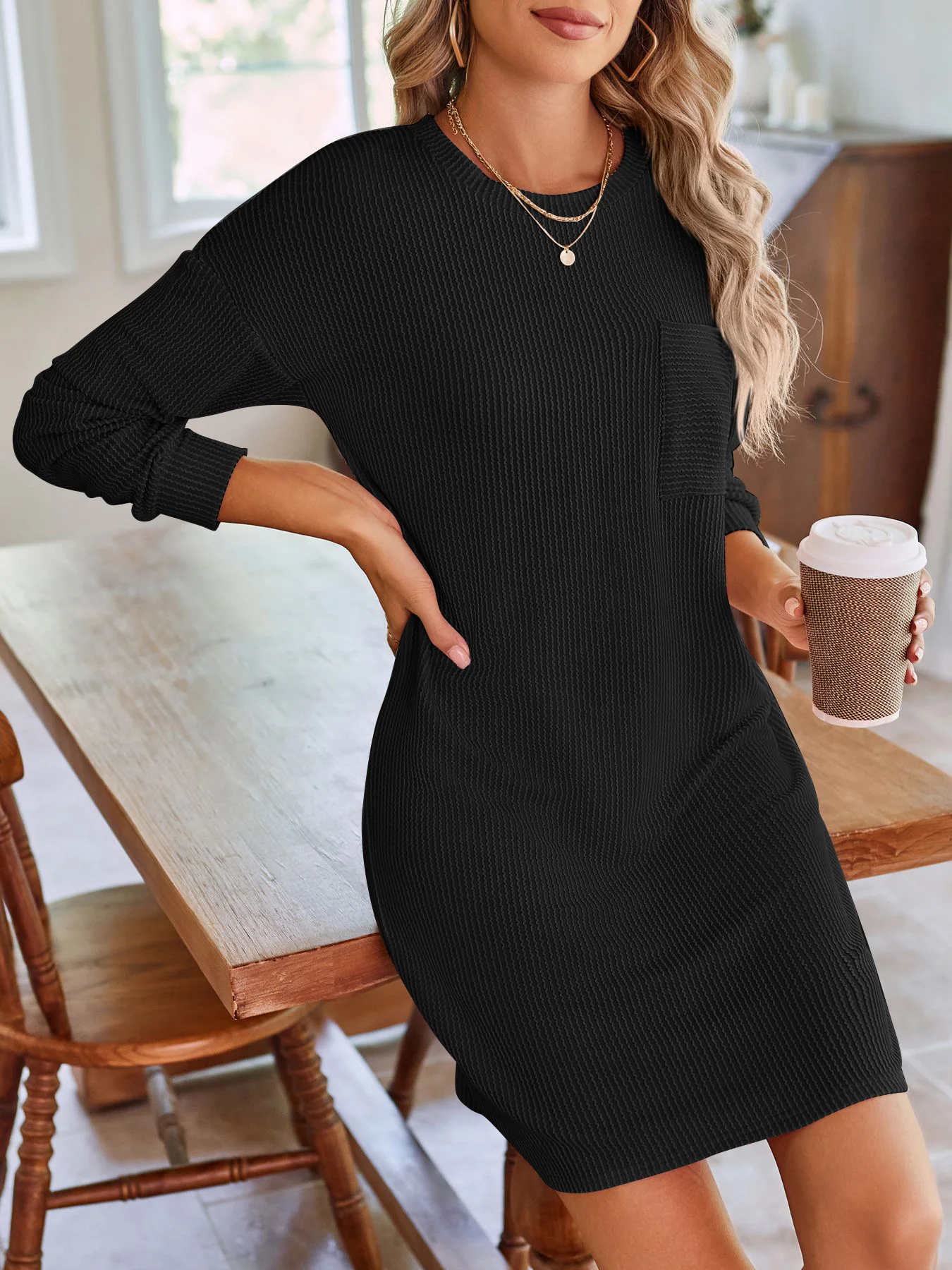 Women Plain Crew Neck Long Sleeve Comfy Casual Knee Length Dress