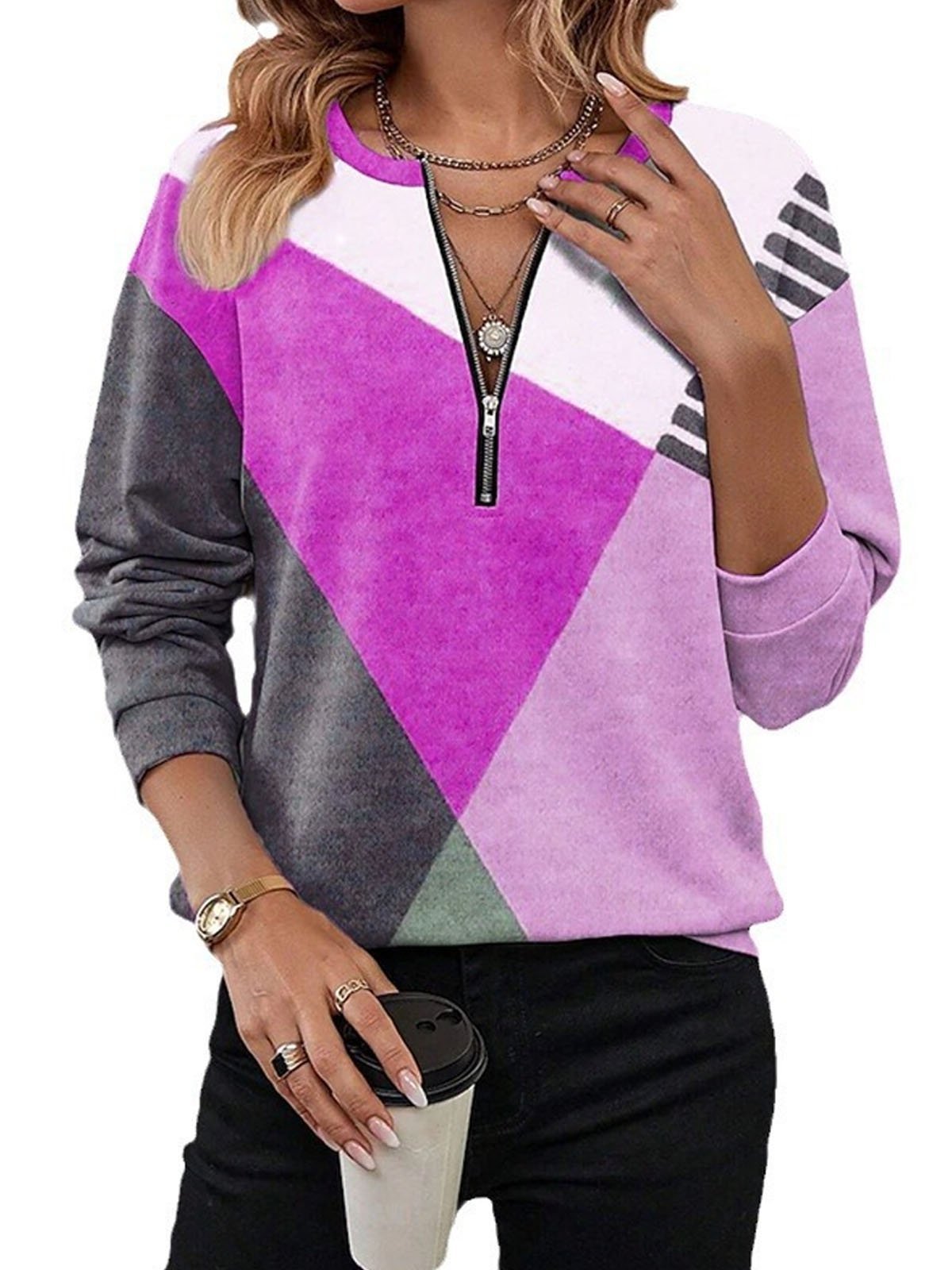 Casual Notched Geometric Sweatshirt Zipper