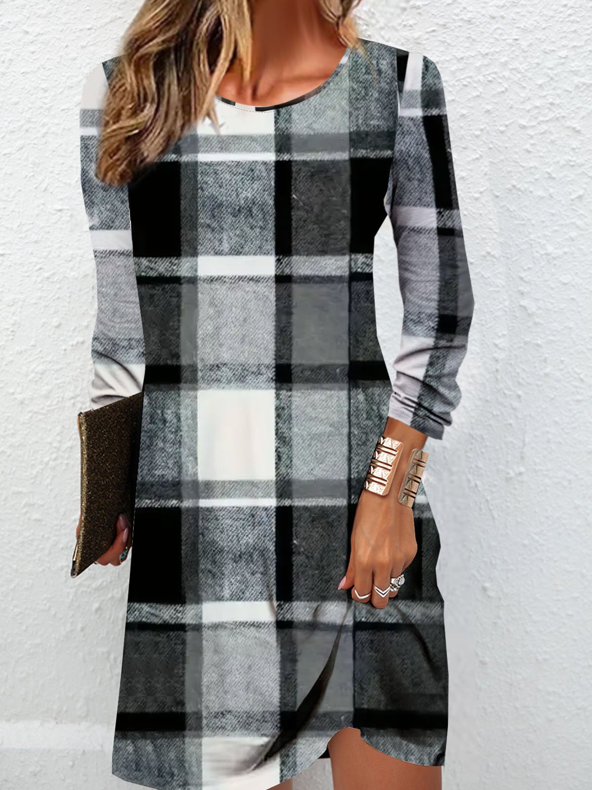 Women Plaid Crew Neck Long Sleeve Comfy Casual Mini Dress