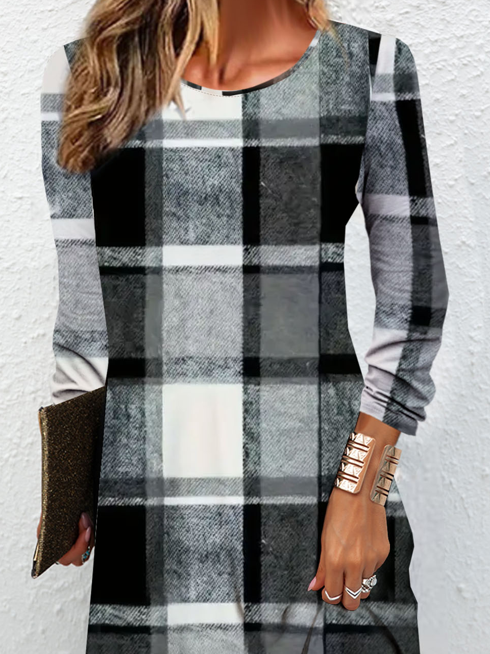 Women Plaid Crew Neck Long Sleeve Comfy Casual Mini Dress