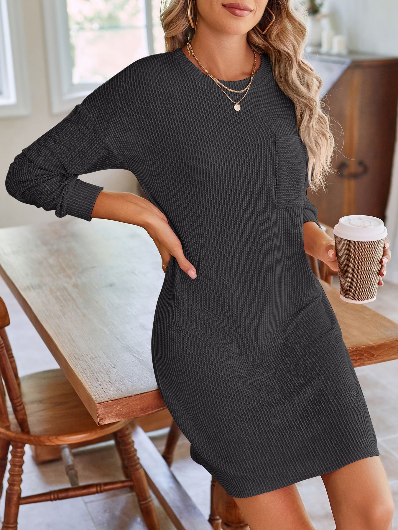 Women Plain Crew Neck Long Sleeve Comfy Casual Knee Length Dress