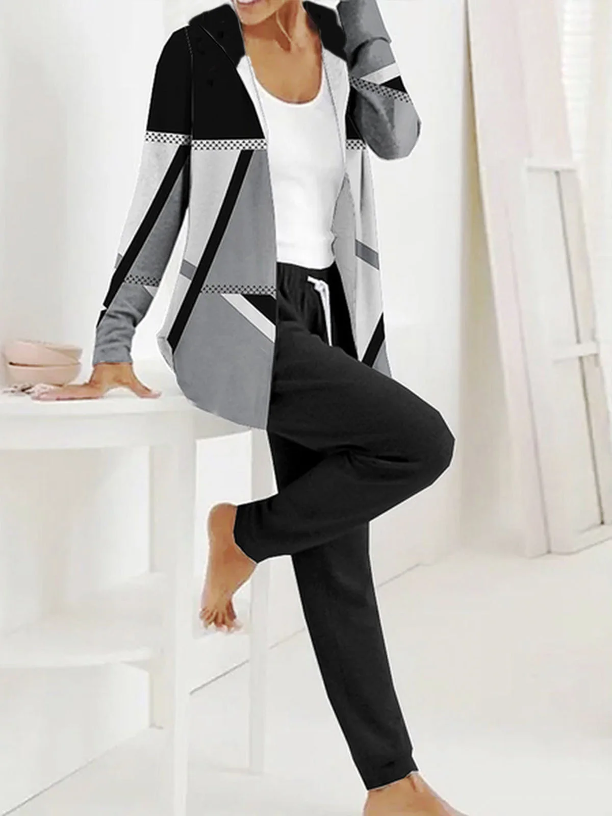 Women Geometric Hoodie Long Sleeve Comfy Casual Jacket and pants Two-Piece Set