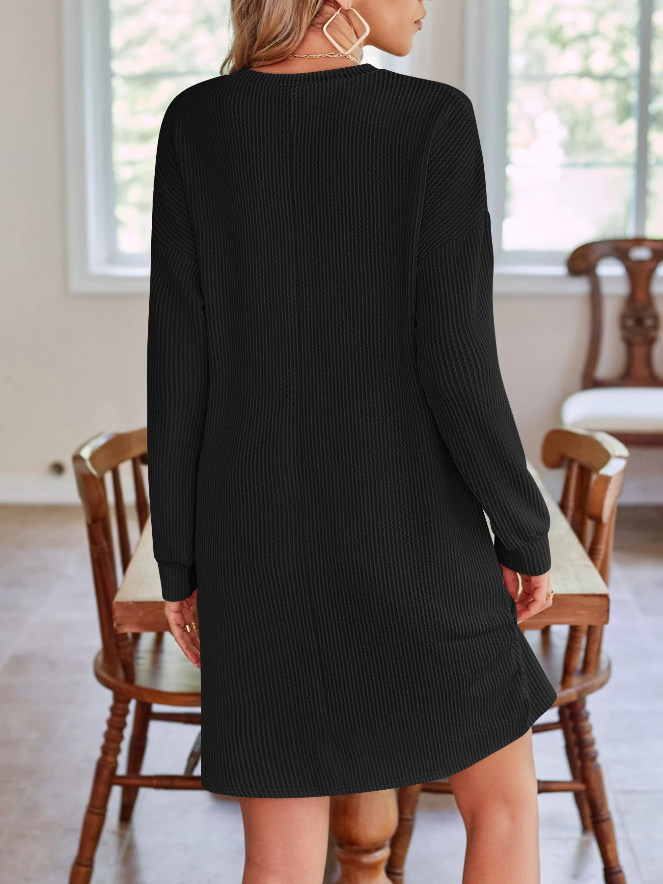 Women Plain Crew Neck Long Sleeve Comfy Casual Knee Length Dress