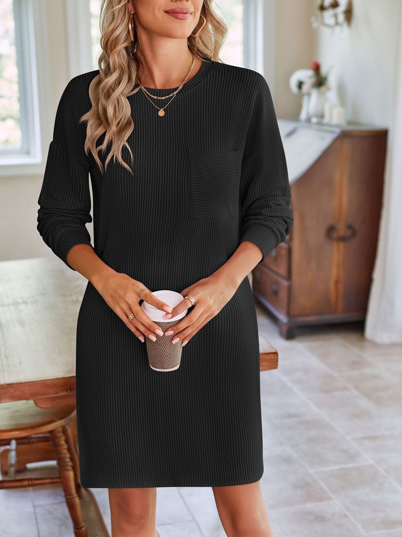 Women Plain Crew Neck Long Sleeve Comfy Casual Knee Length Dress