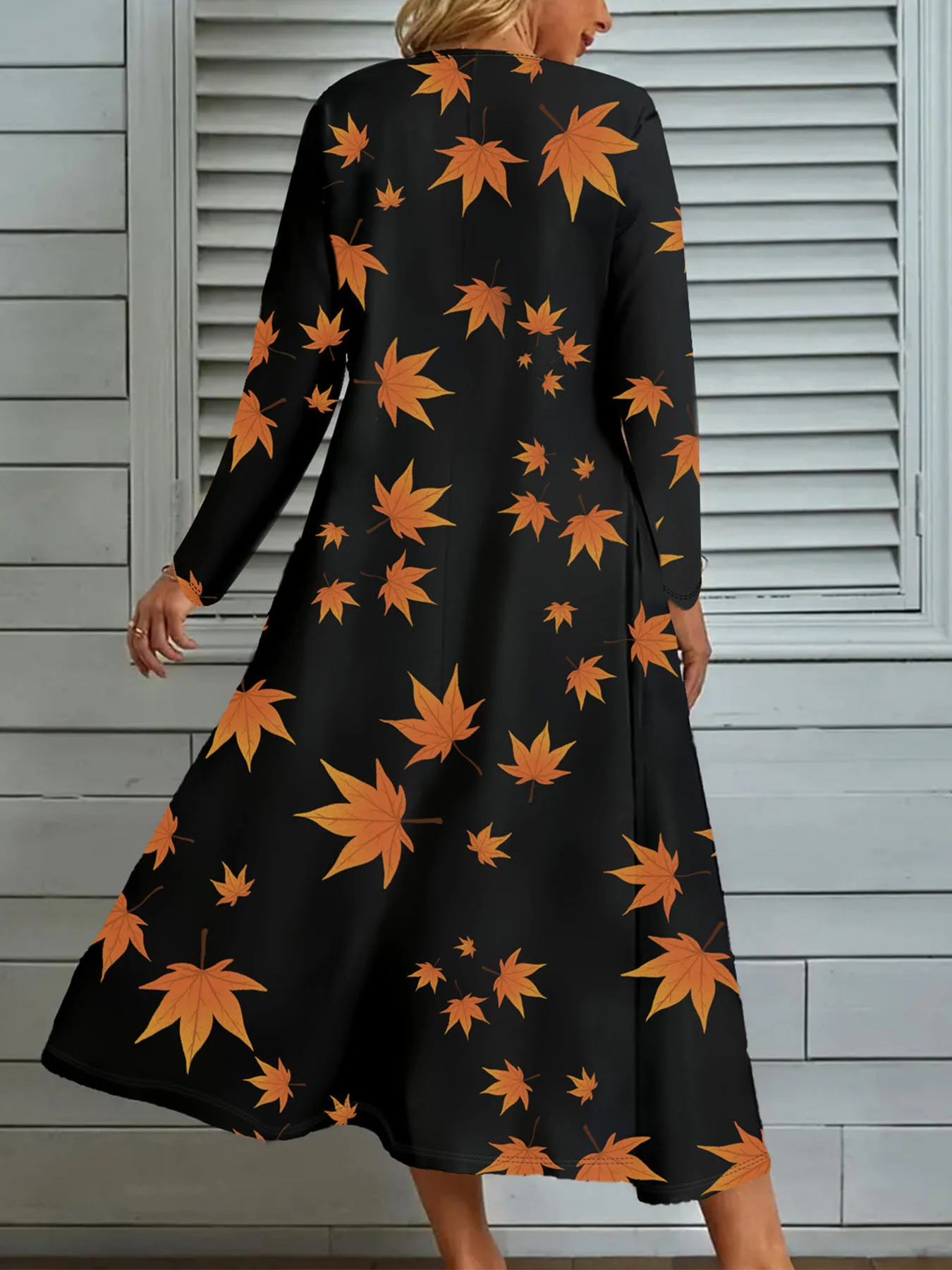 Women Leaf Crew Neck Long Sleeve Comfy Casual Midi Sweater Dress