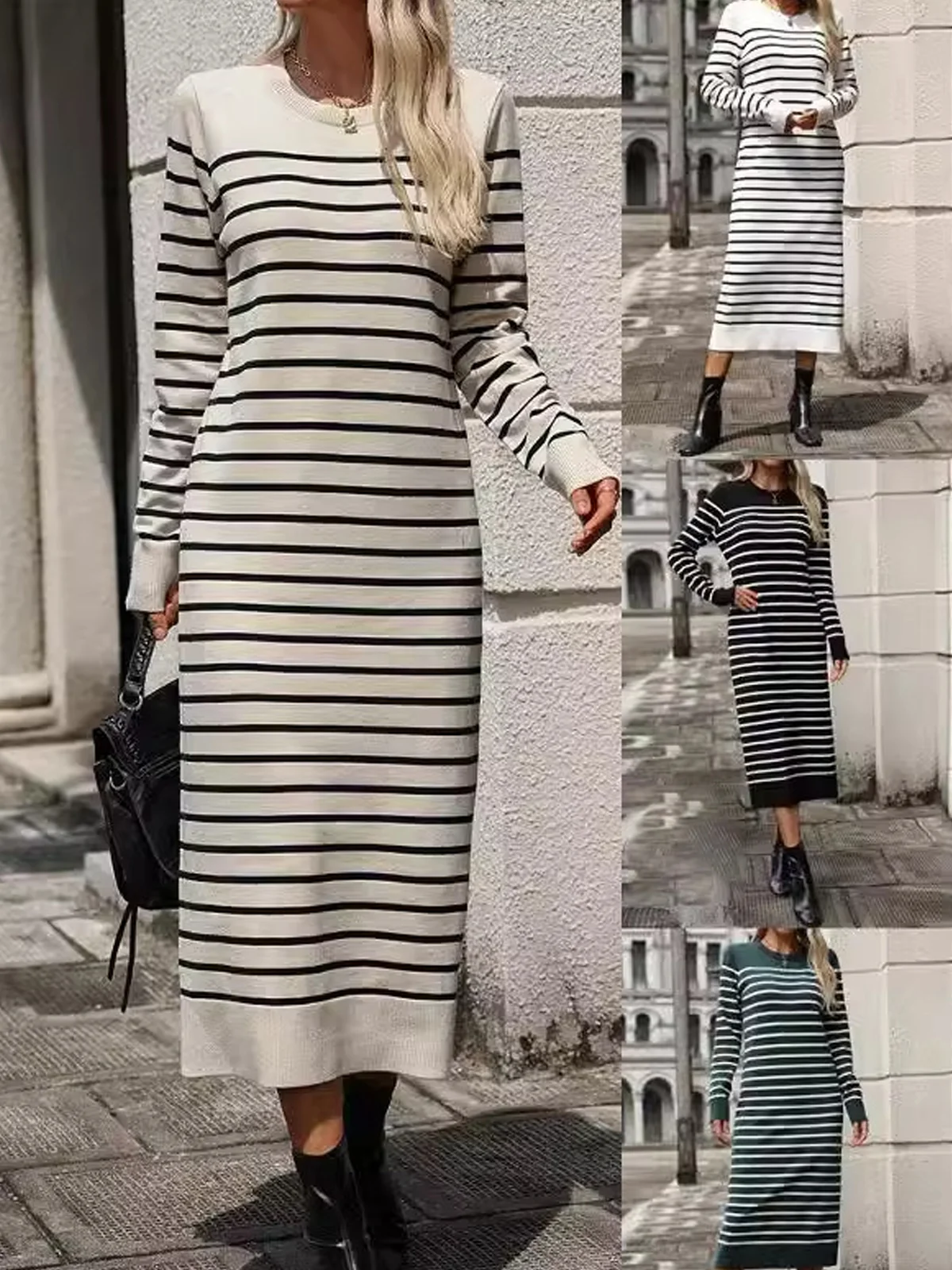 Women Striped Crew Neck Long Sleeve Comfy Casual Midi Sweater Dress