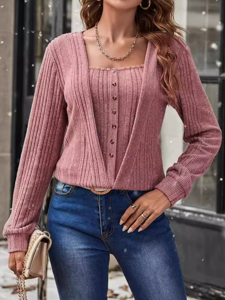 Long Sleeve Plain Regular Loose Mock Two-Piece Blouse For Women