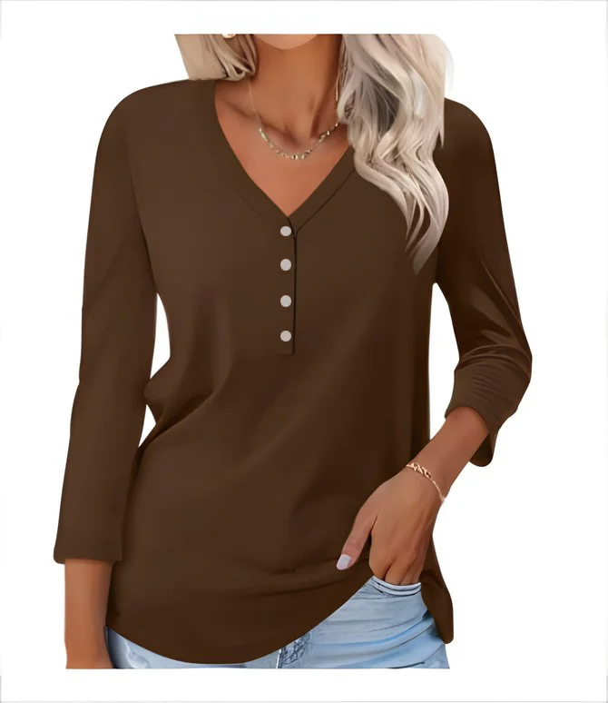 Casual Plain V Neck Long Sleeve T-shirt