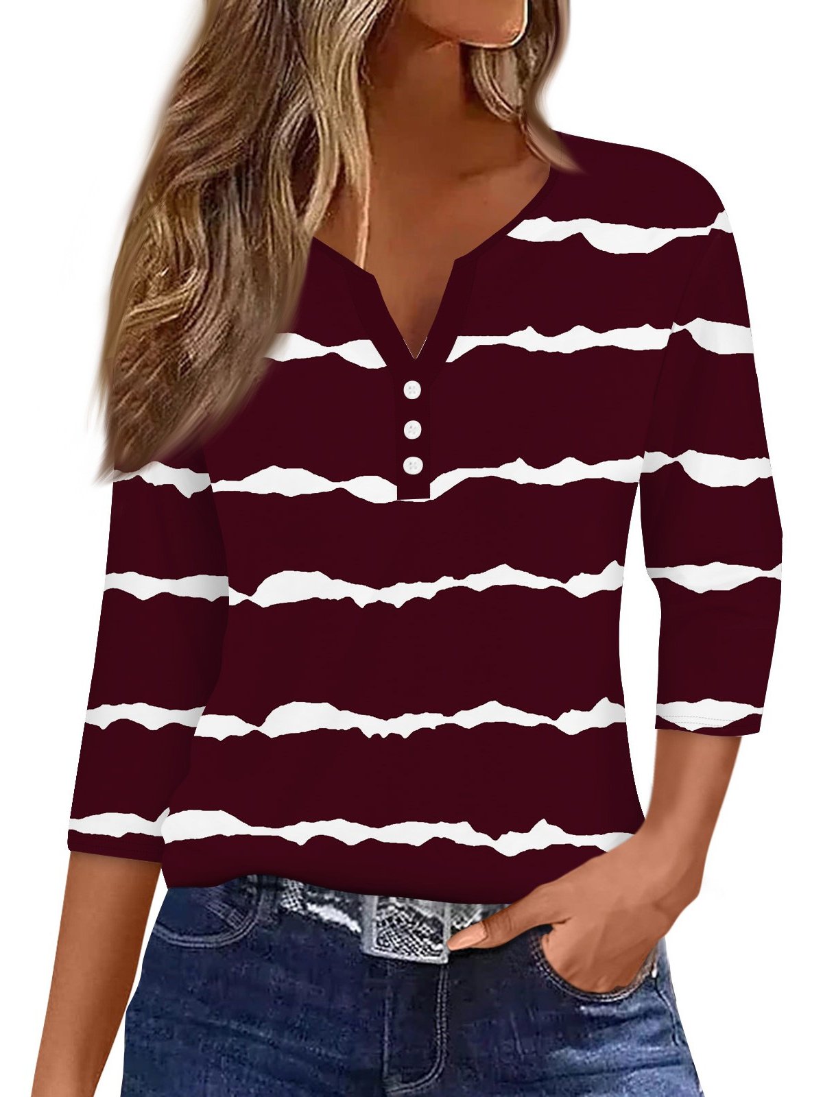 Casual Abstract Stripes Notched Three Quarter Sleeve T-shirt