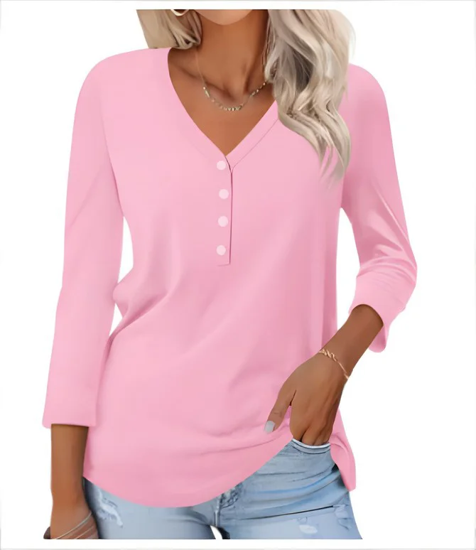 Casual Plain V Neck Long Sleeve T-shirt