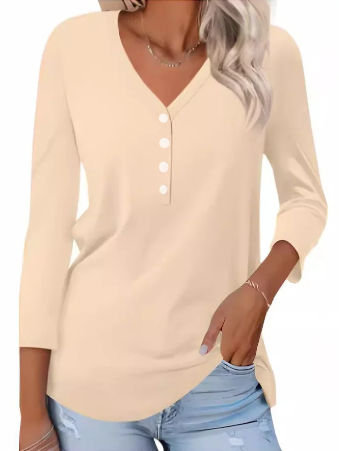 Casual Plain V Neck Long Sleeve T-shirt