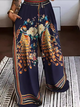 Women Casual Bird Print Loose Long Pants