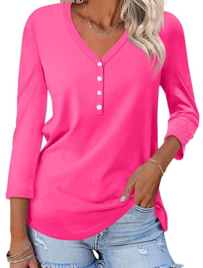 Casual Plain V Neck Long Sleeve T-shirt