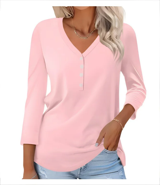 Casual Plain V Neck Long Sleeve T-shirt