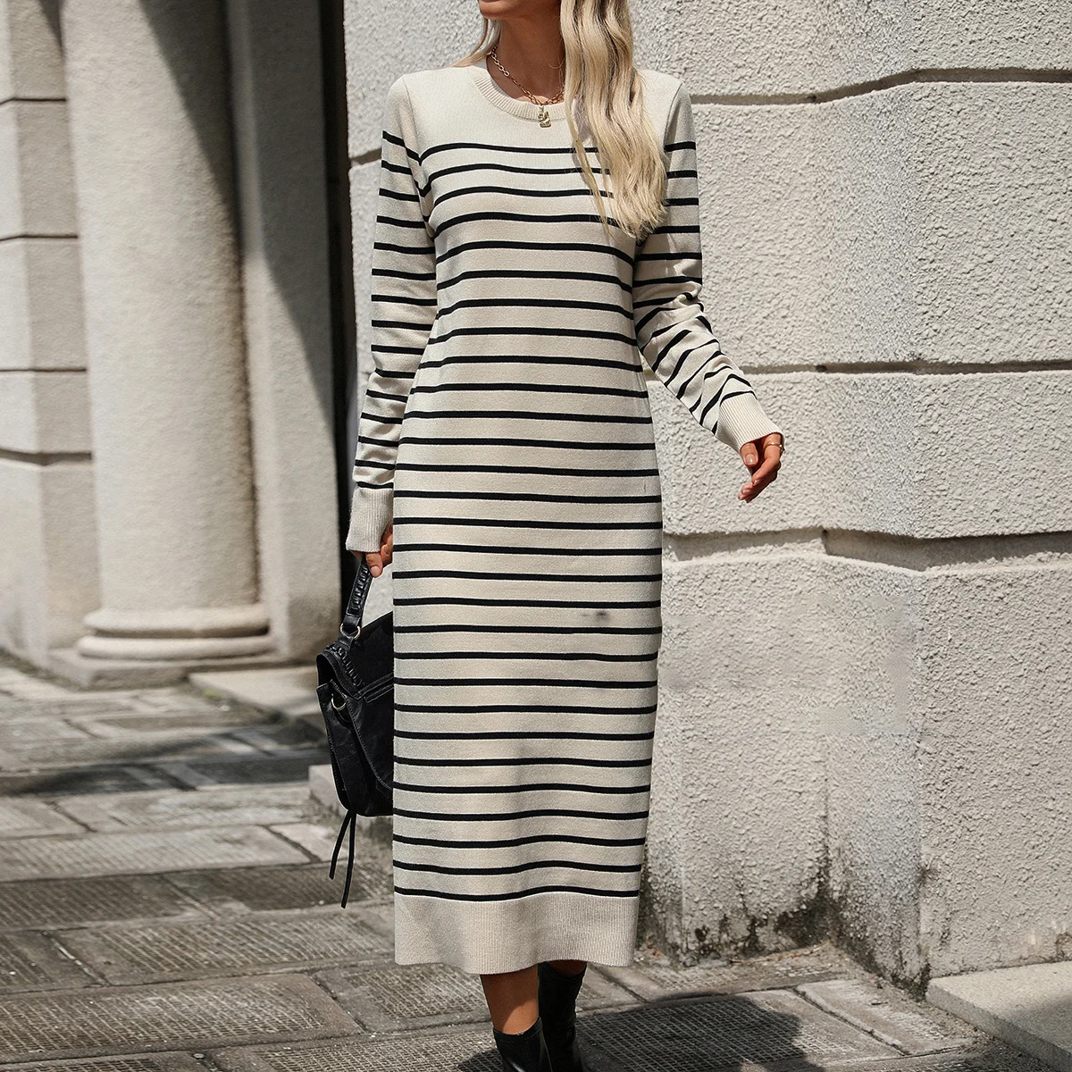 Women Striped Crew Neck Long Sleeve Comfy Casual Midi Sweater Dress