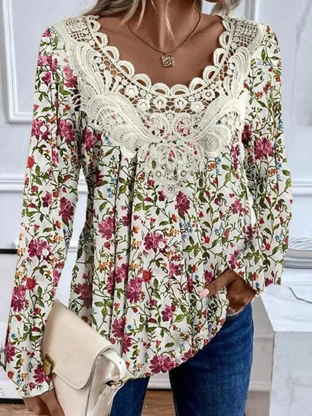 Long Sleeve Floral Lace Regular Loose Blouse For Women