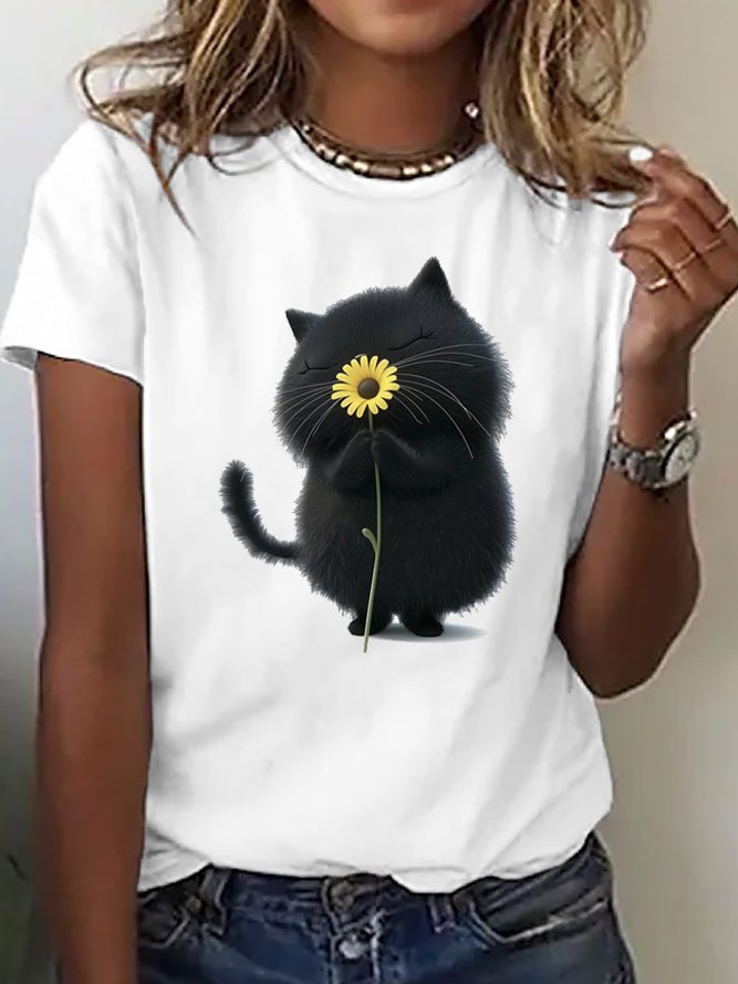 Casual Cat Crew Neck Short Sleeve T-shirt