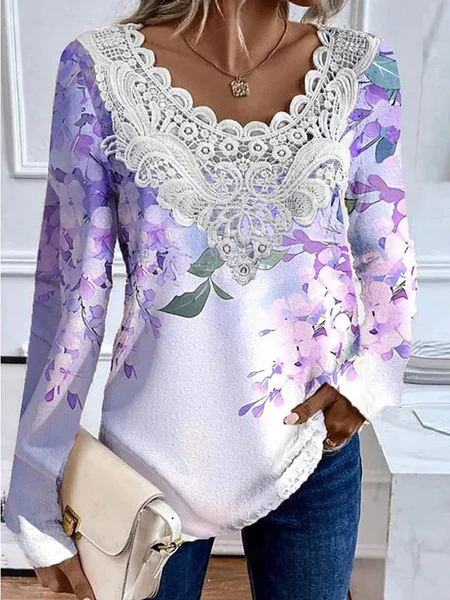 Long Sleeve Floral Lace Regular Loose Blouse For Women