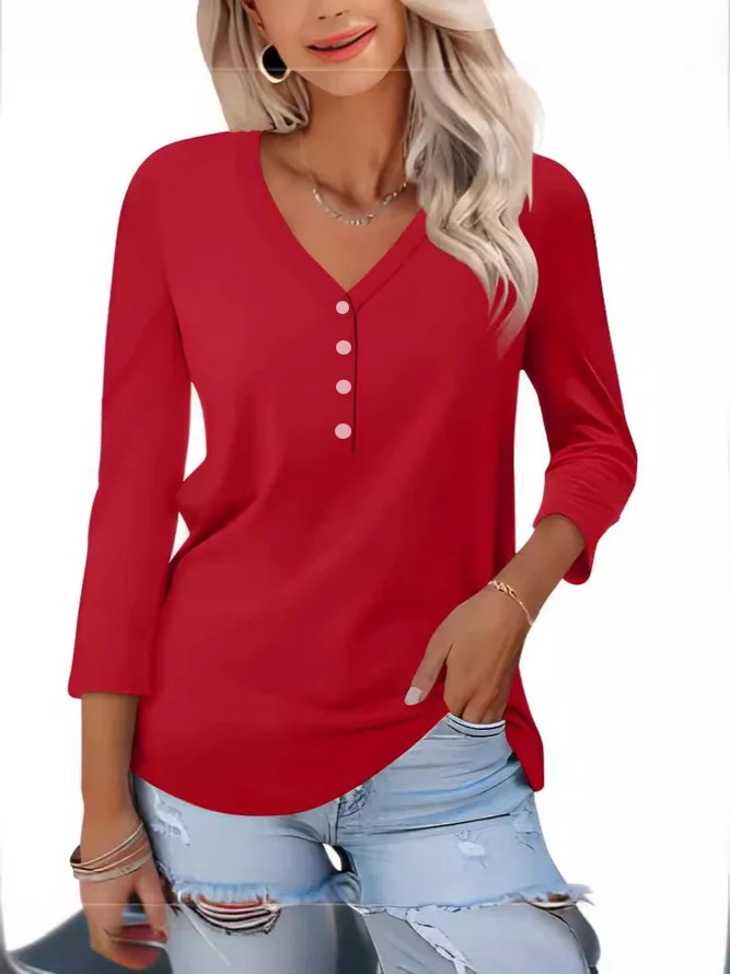 Casual Plain V Neck Long Sleeve T-shirt