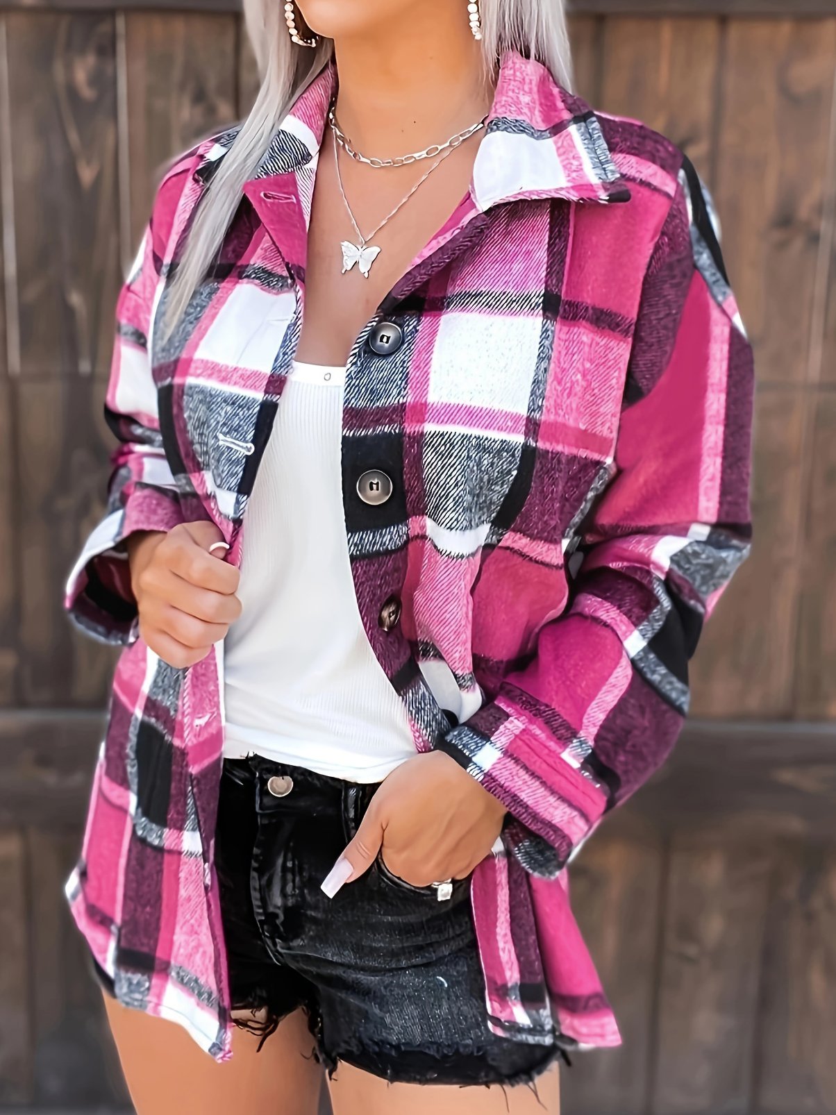 Women's Plaid Shirt Jacket Regular Loose Jacket