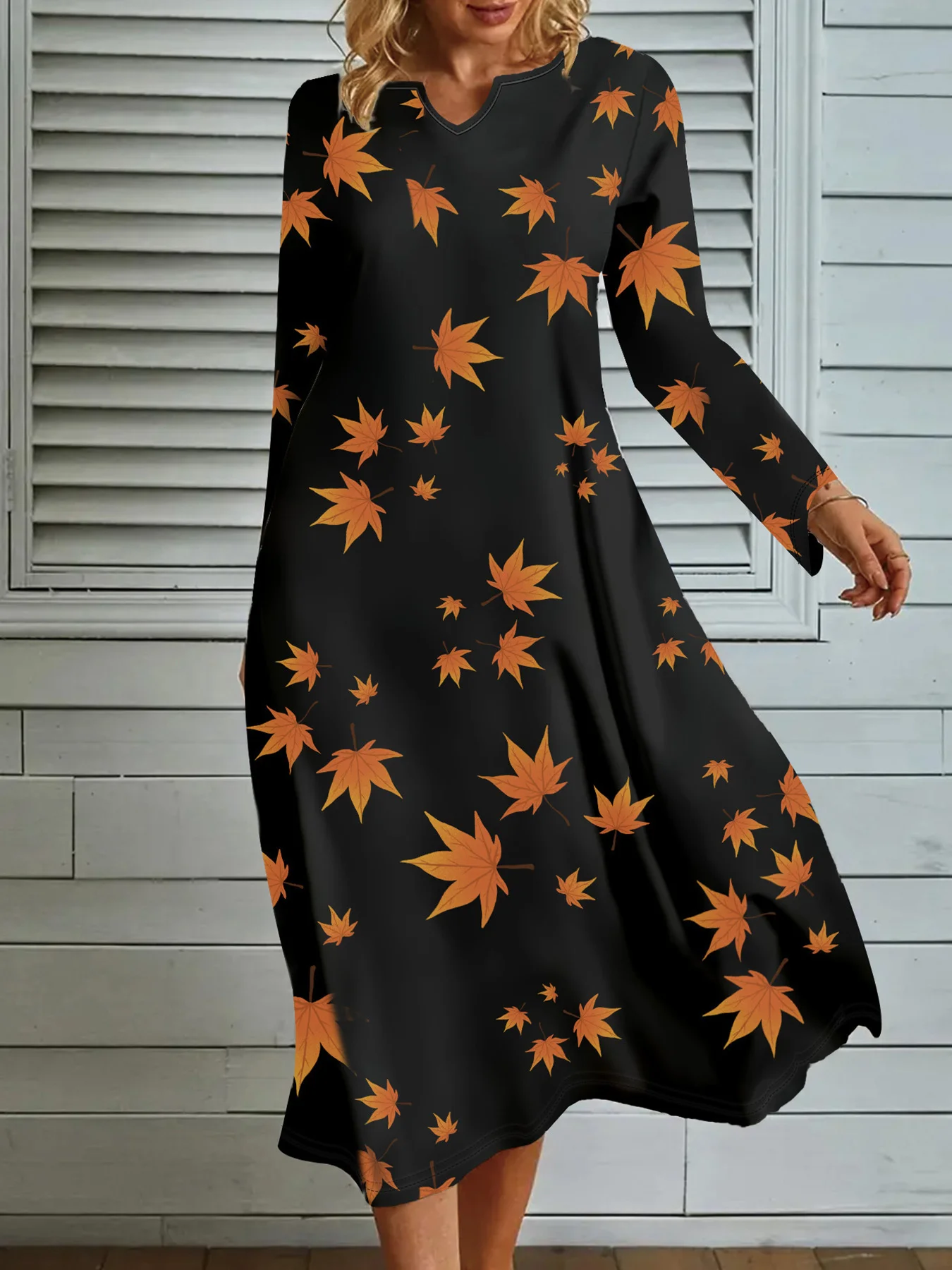 Women Leaf Crew Neck Long Sleeve Comfy Casual Midi Sweater Dress