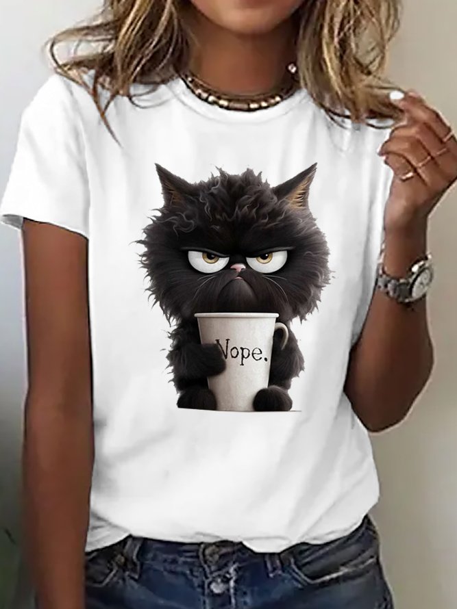 Casual Cat Crew Neck Short Sleeve T-shirt