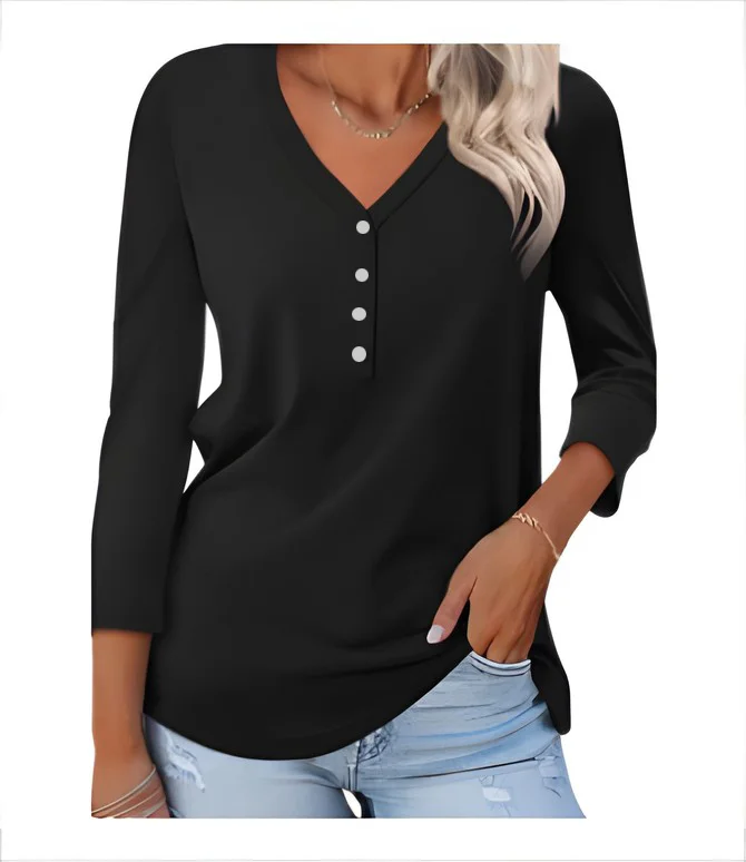 Casual Plain V Neck Long Sleeve T-shirt