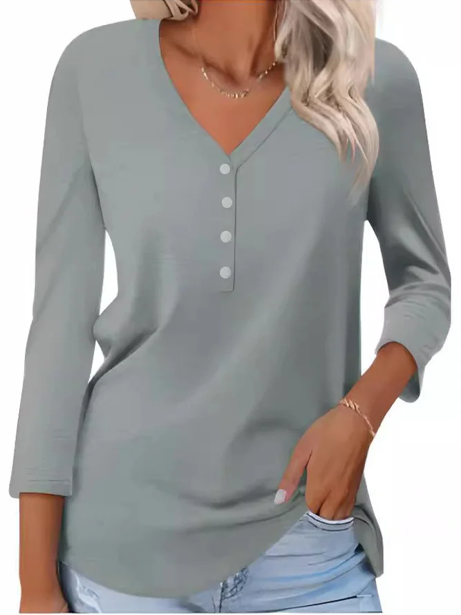 Casual Plain V Neck Long Sleeve T-shirt