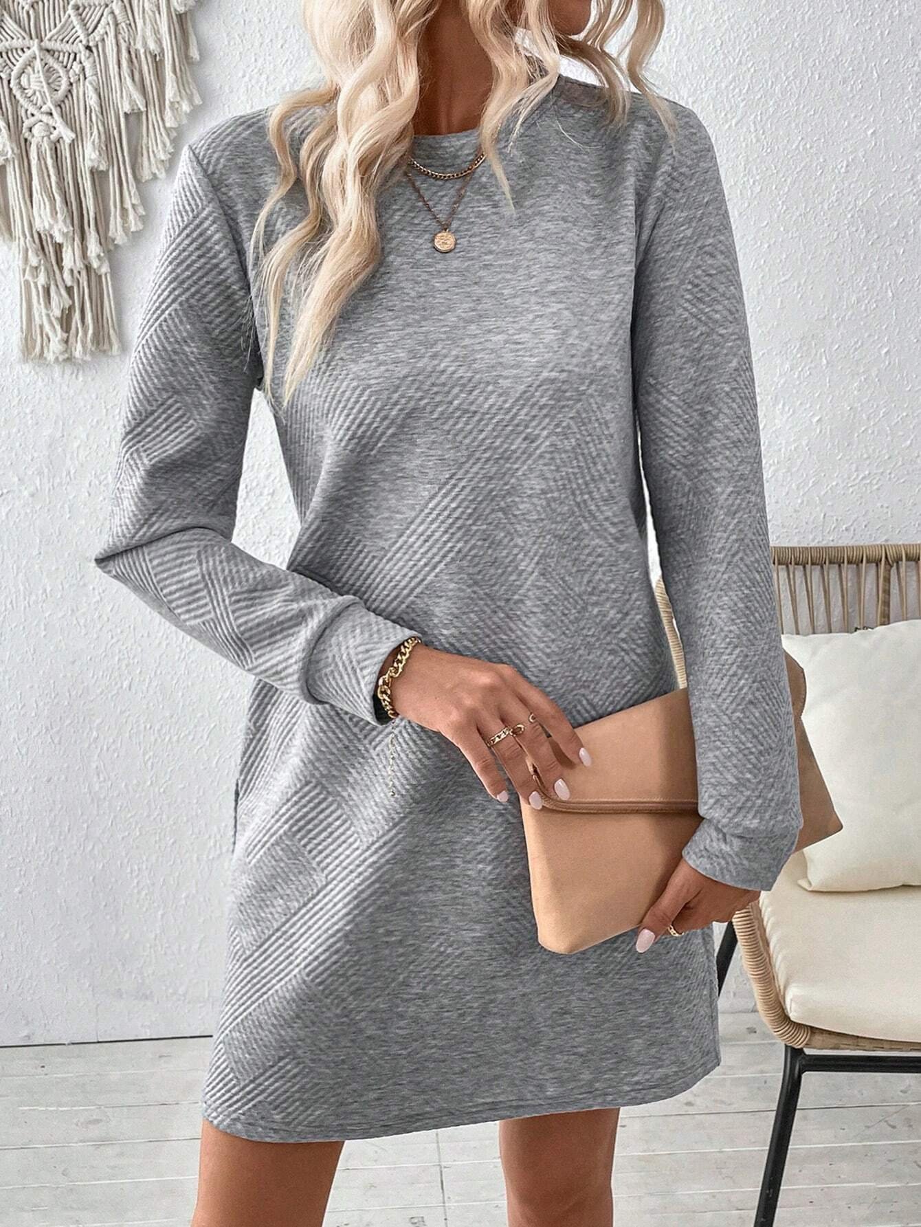 Women Plain Crew Neck Long Sleeve Comfy Casual Jacquard Mini Dress