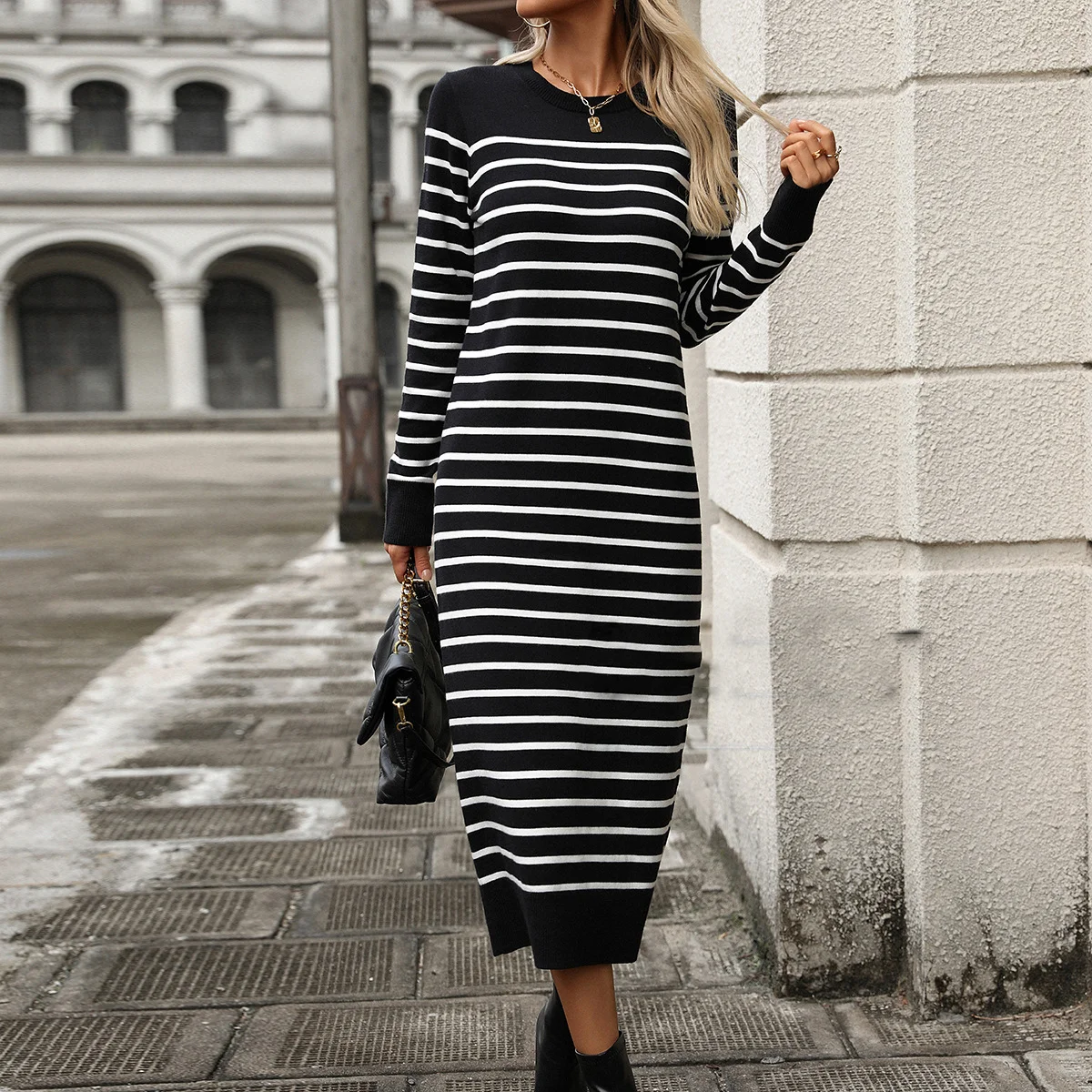 Women Striped Crew Neck Long Sleeve Comfy Casual Midi Sweater Dress