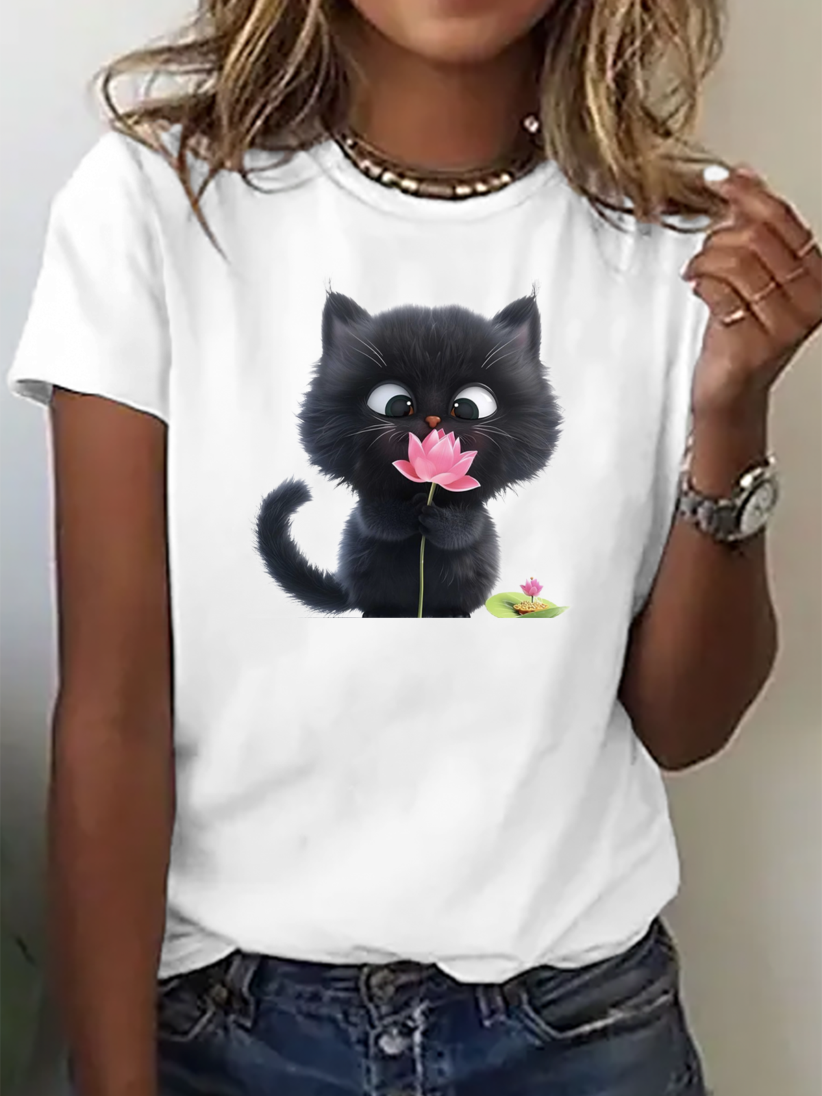 Casual Cat Crew Neck Short Sleeve T-shirt