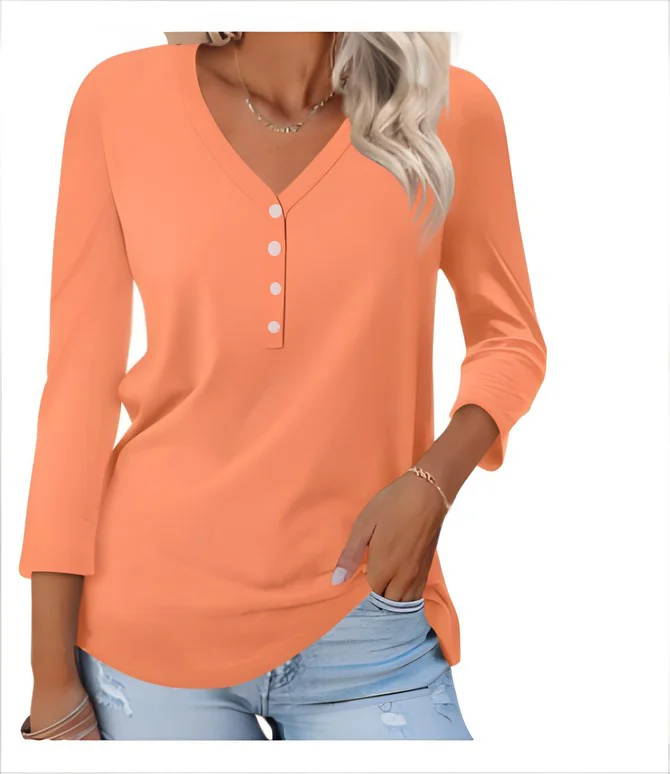 Casual Plain V Neck Long Sleeve T-shirt