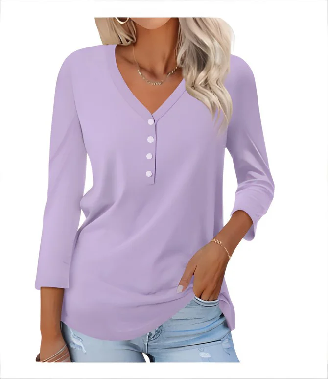 Casual Plain V Neck Long Sleeve T-shirt